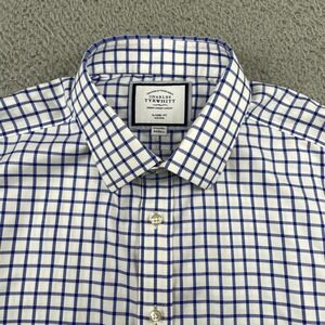 Charles Tyrwhitt Dress Shirt Mens 17.5/34 Blue White Check Classic Fit Non-Iron